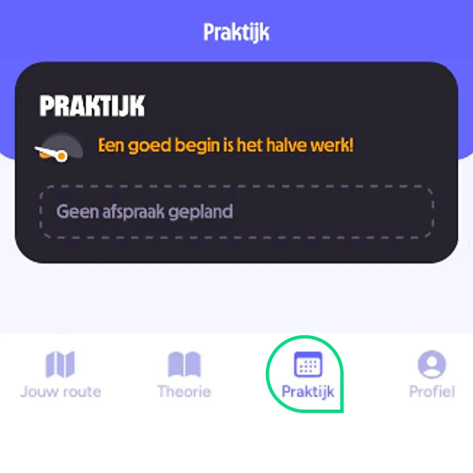 Praktijksectie van een app met tekst.
